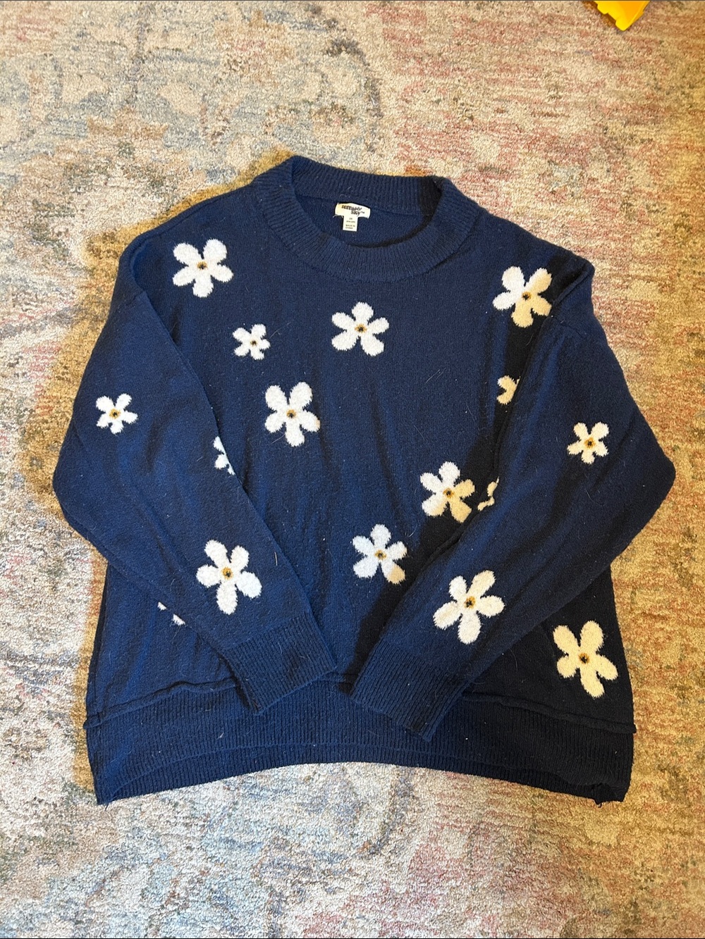 Terra & Sky Navy Crewneck Sweater with White Daisy Motif
